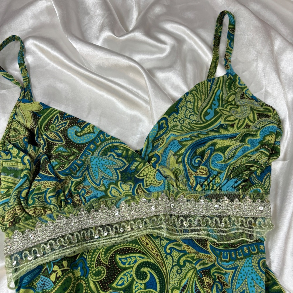 y2k Cami Top Green Excellent Paisley Sequin Empire Waist Perseption Tank - Picture 3 of 7